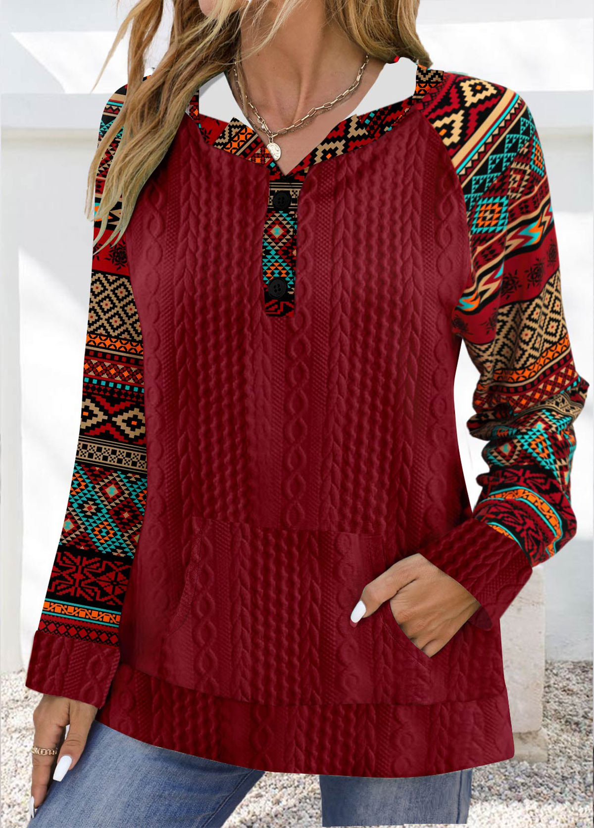 Wine Red plus size,Tribal plus size,ROTITA Plus Size Patchwork Wine Red Tribal Print Hoodie