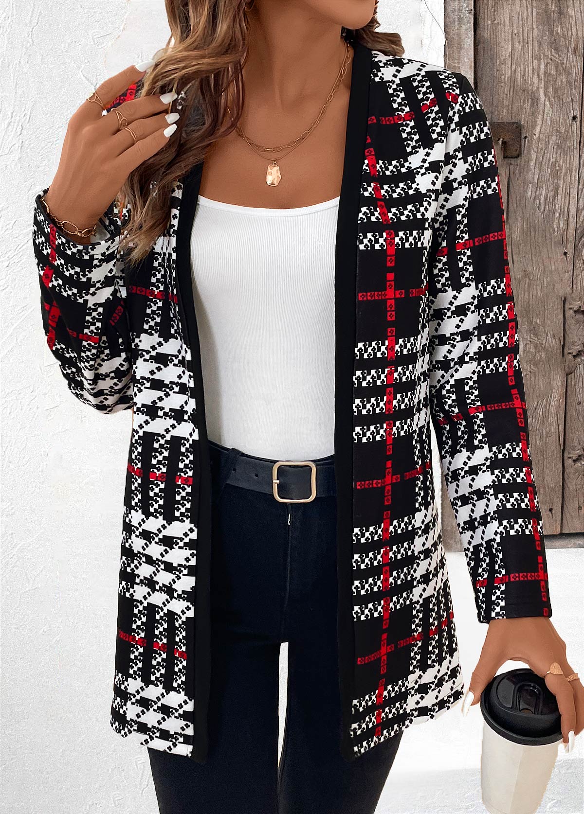 Black tops,Plaid tops,Geometric tops,Striped tops,ROTITA Patchwork Plaid Black Long Sleeve Coat
