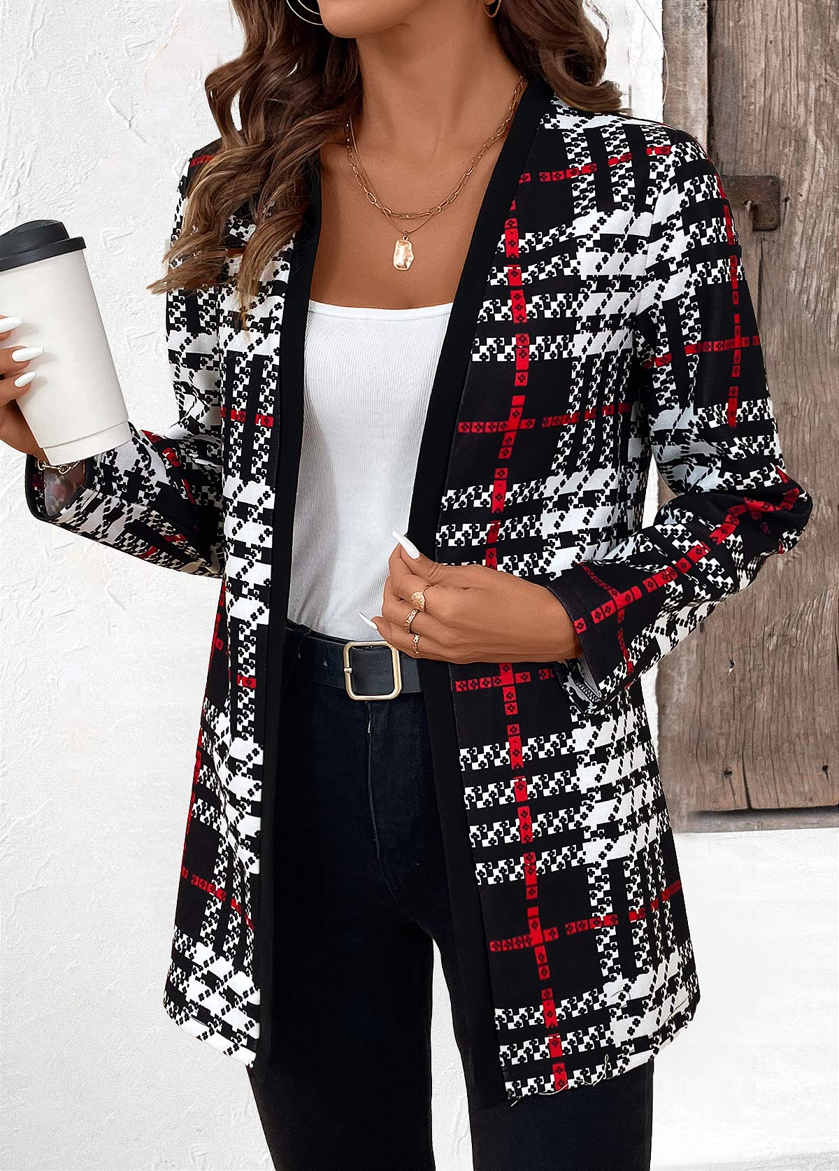 Black tops,Plaid tops,Geometric tops,Striped tops,ROTITA Patchwork Plaid Black Long Sleeve Coat