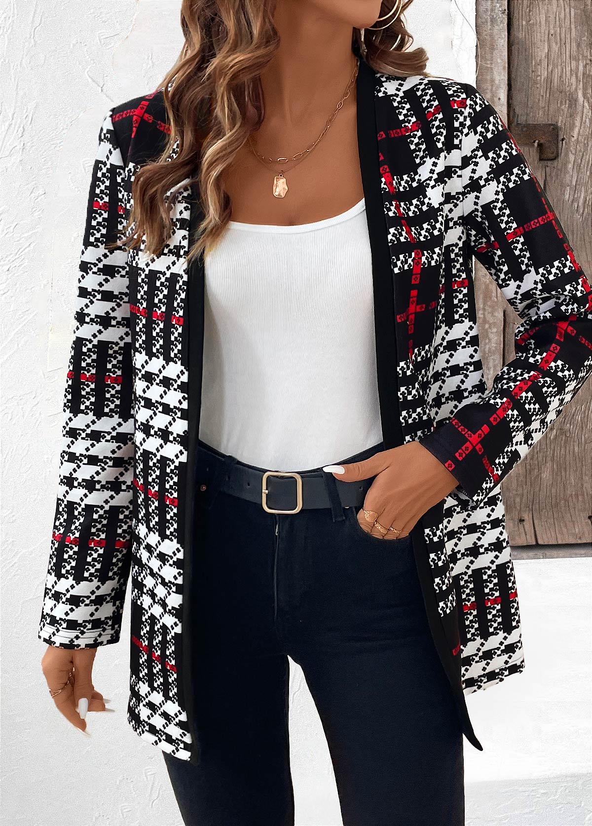 Black tops,Plaid tops,Geometric tops,Striped tops,ROTITA Patchwork Plaid Black Long Sleeve Coat