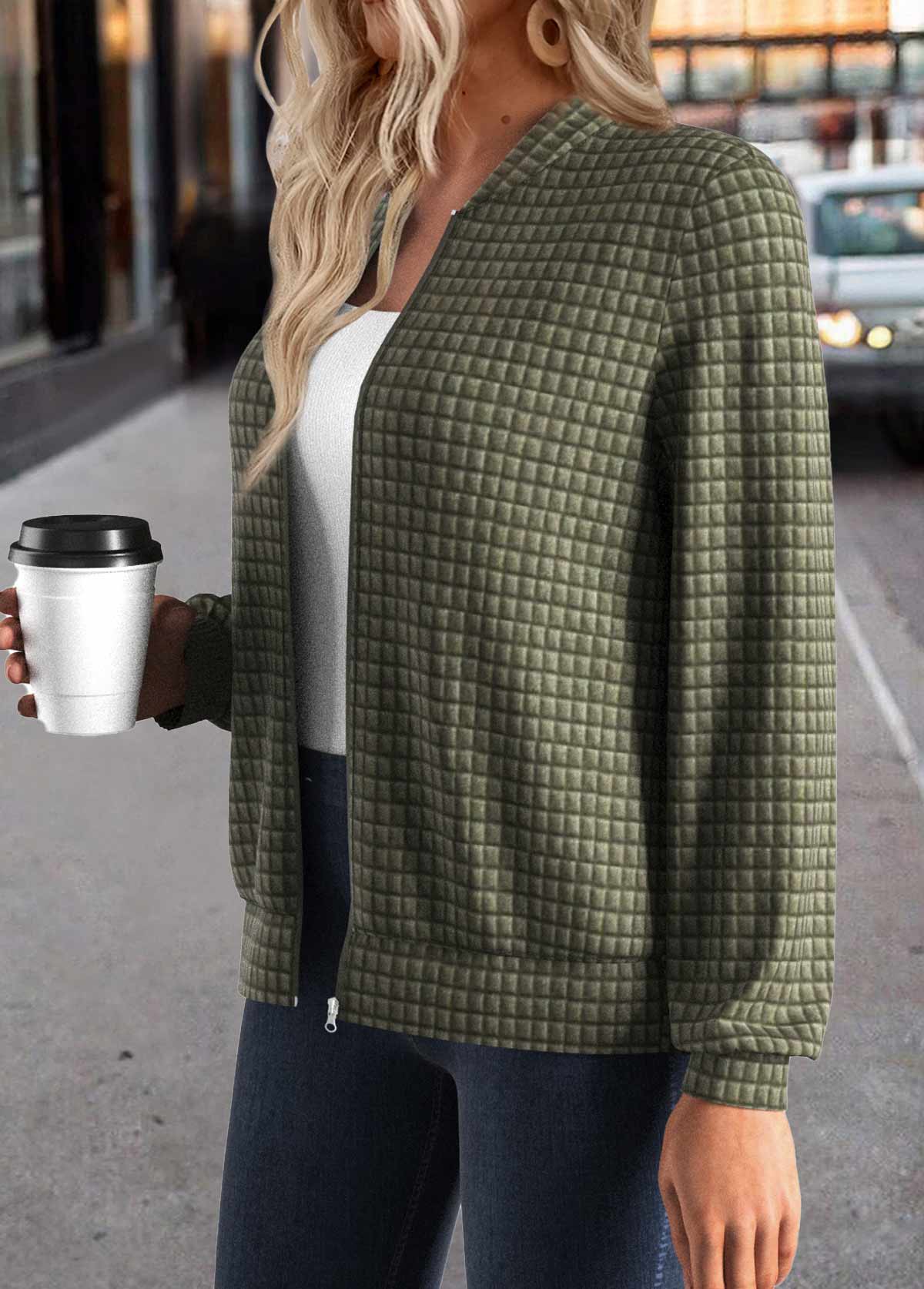 veste à manches longues et col montant en jacquard vert olive rotita