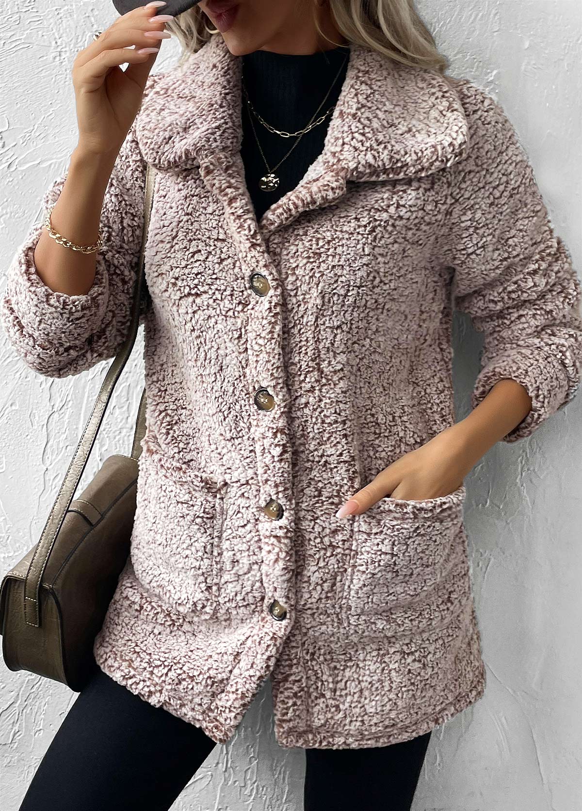 Gray Brown tops,Plain Color tops,Button Gray Brown Turn Down Collar Long Sleeve Coat