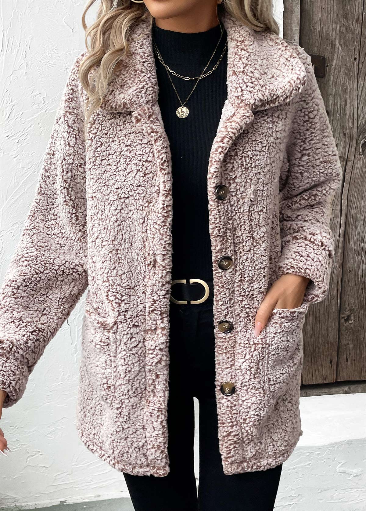 Gray Brown tops,Plain Color tops,Button Gray Brown Turn Down Collar Long Sleeve Coat