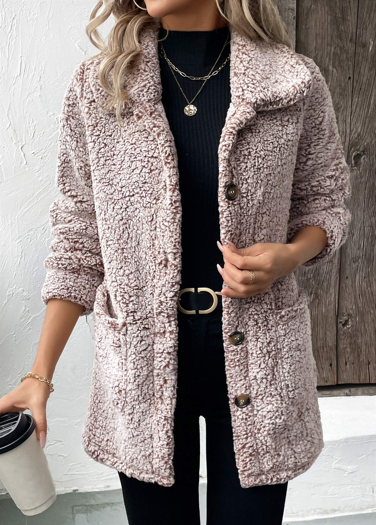 Gray Brown tops,Plain Color tops,Button Gray Brown Turn Down Collar Long Sleeve Coat