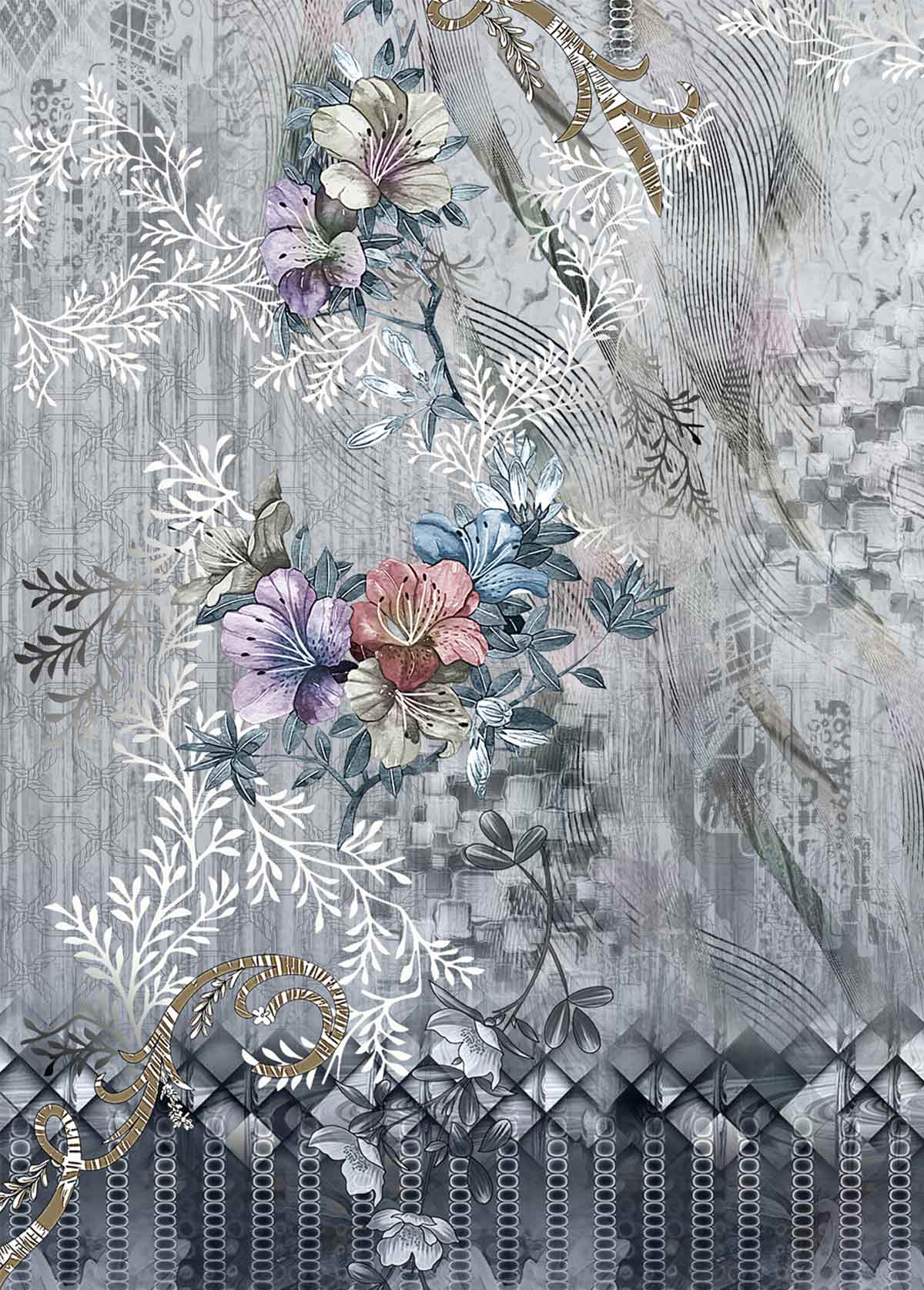 Light Grey tops,Floral tops,Plants tops,ROTITA Circular Ring Floral Print Light Grey T Shirt