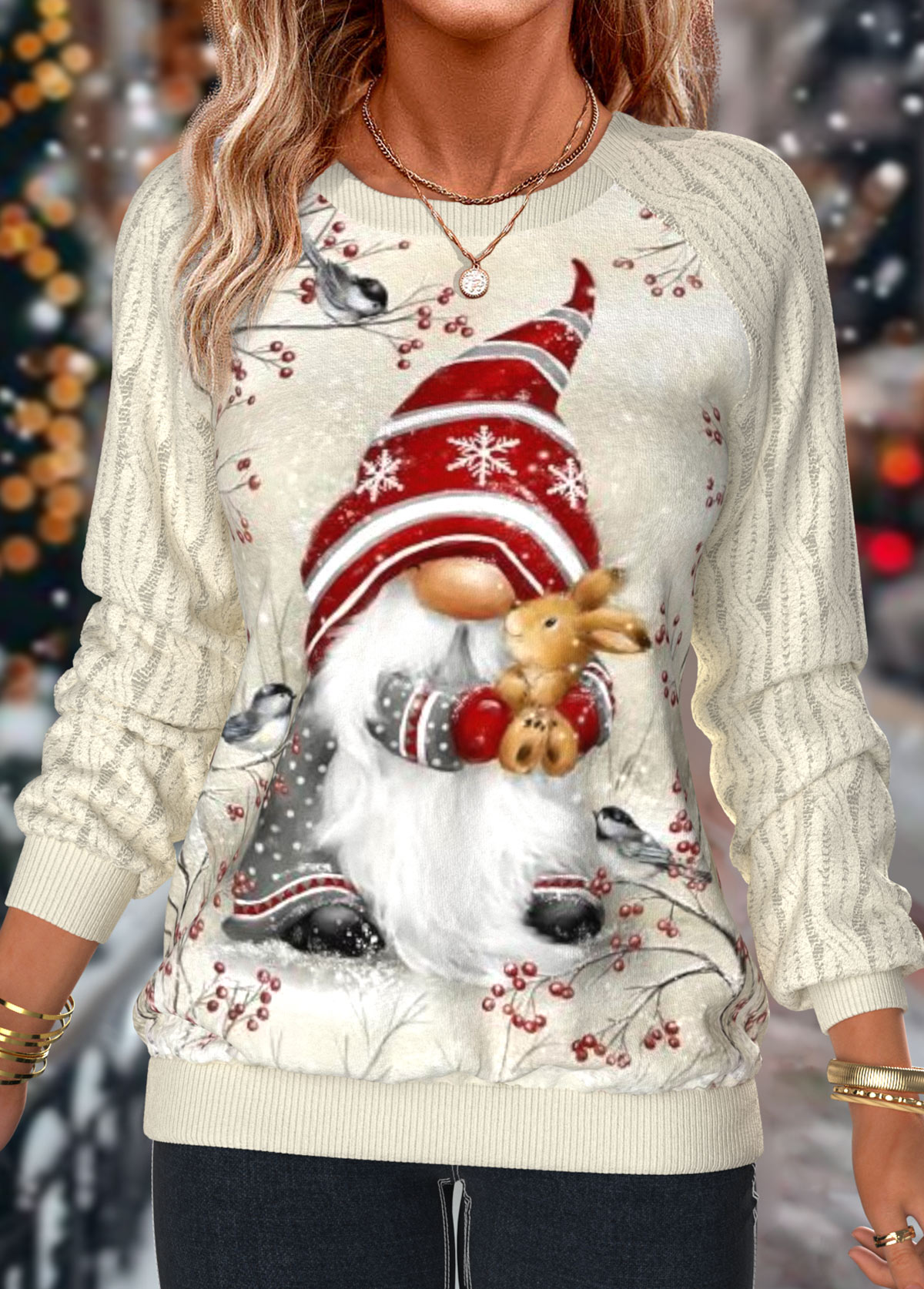 Beige tops,Christmas tops,Plants tops,Animal Print tops,ROTITA Christmas Patchwork Beige Round Neck Long Sleeve Sweatshirt