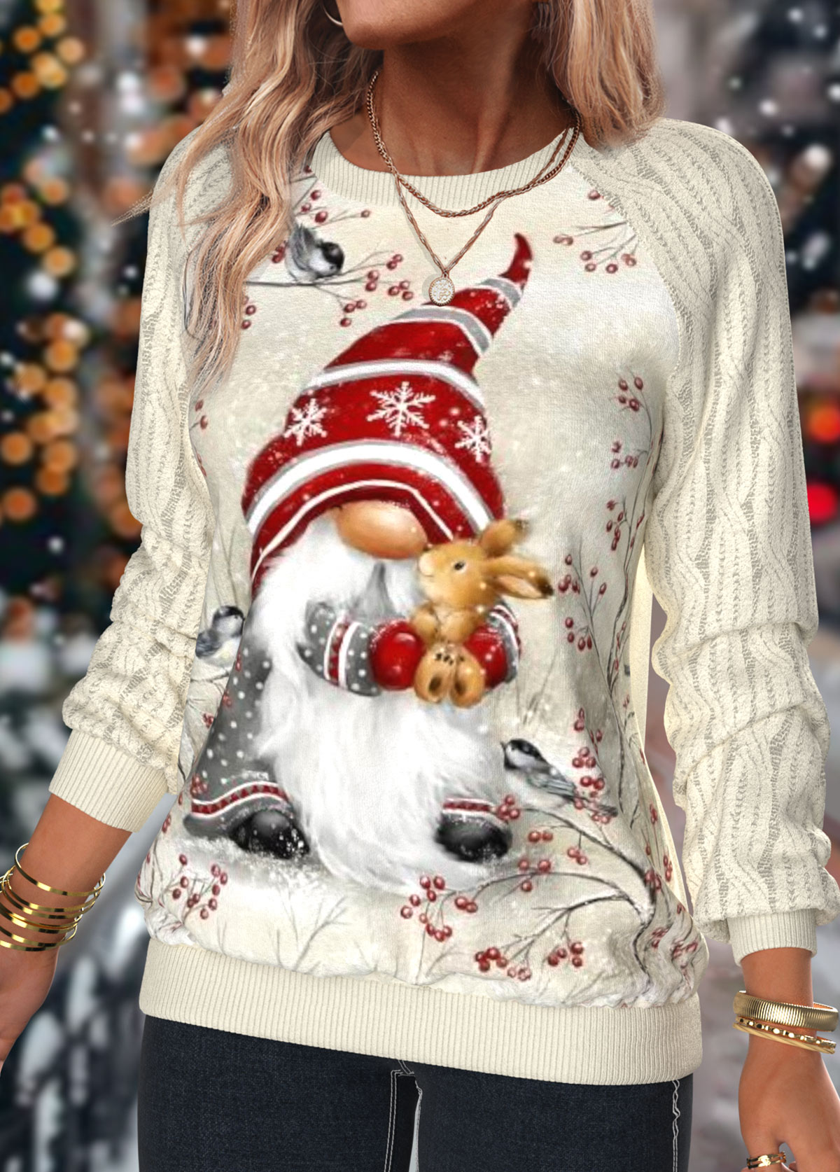 Beige tops,Christmas tops,Plants tops,Animal Print tops,ROTITA Christmas Patchwork Beige Round Neck Long Sleeve Sweatshirt