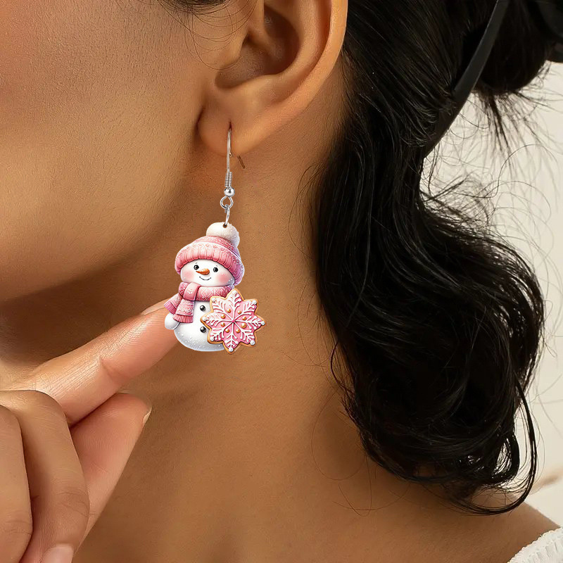 Pink jewelry,Christmas jewelry,Christmas Snowflake Pink Snowman Design Earrings