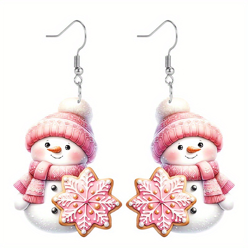 Pink jewelry,Christmas jewelry,Christmas Snowflake Pink Snowman Design Earrings