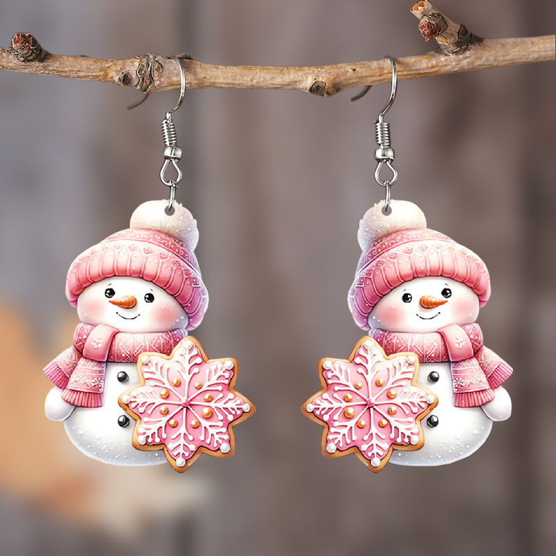 Pink jewelry,Christmas jewelry,Christmas Snowflake Pink Snowman Design Earrings