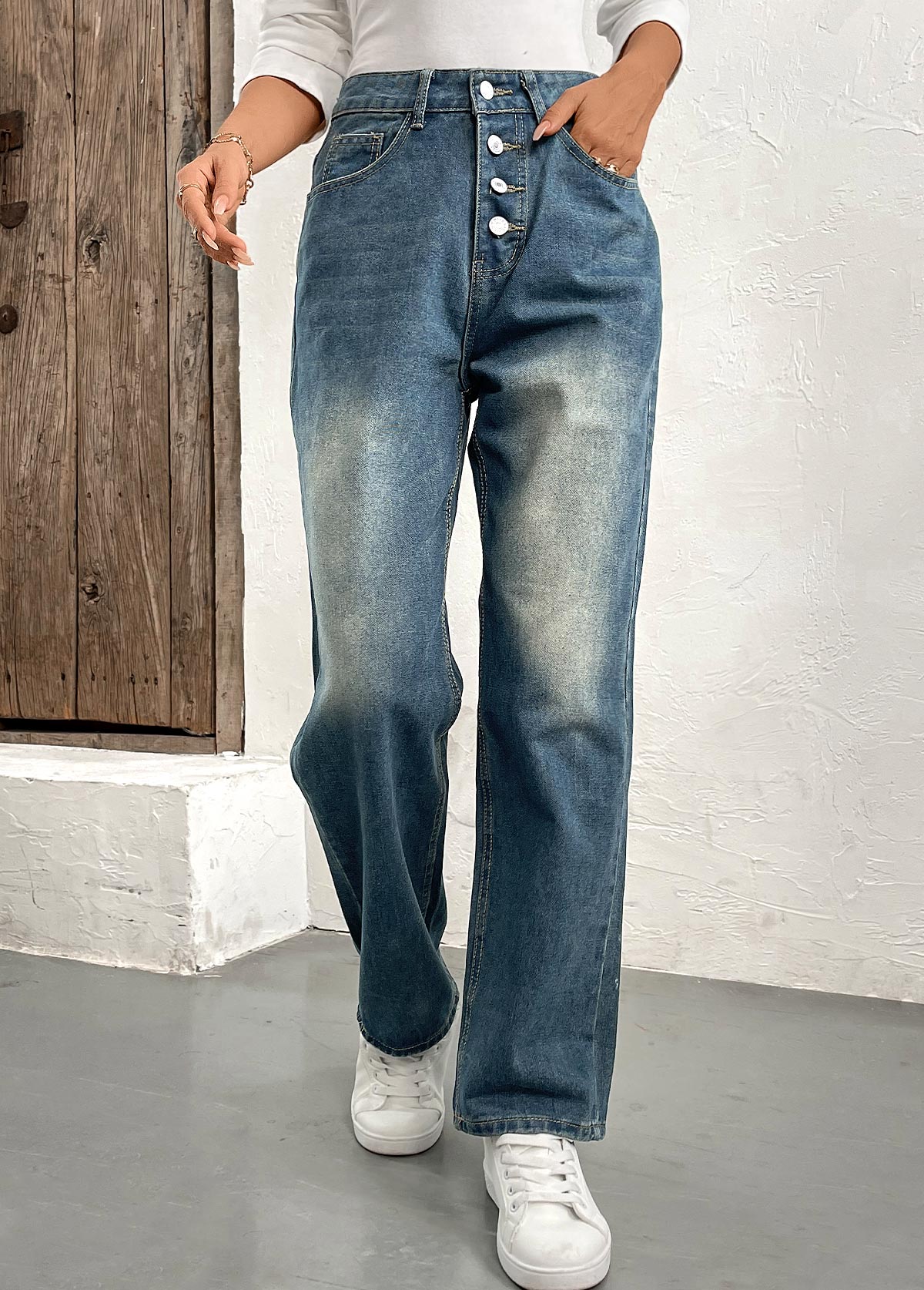 Denim Blue bottoms,Plain Color bottoms,Button Denim Blue Straight Leg High Waisted Jeans