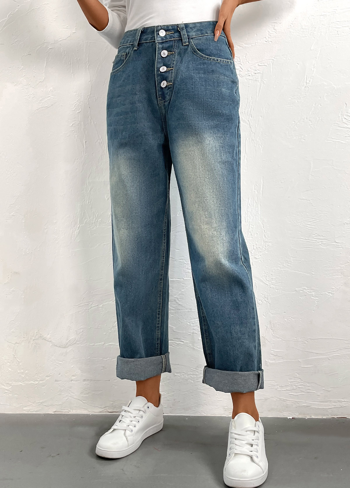 Denim Blue bottoms,Plain Color bottoms,Button Denim Blue Straight Leg High Waisted Jeans
