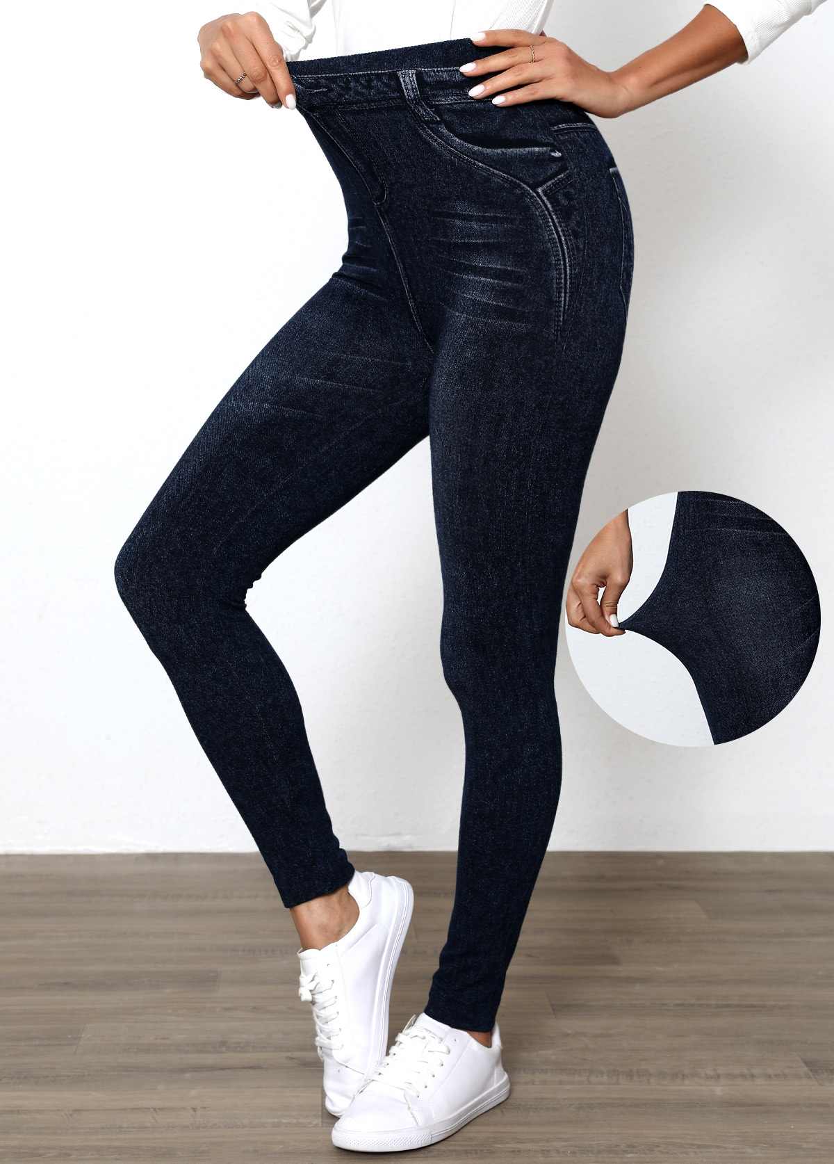 Black bottoms,Denim-Effect Print bottoms,Denim-effect Print Black High Waisted Elastic Waist Leggings