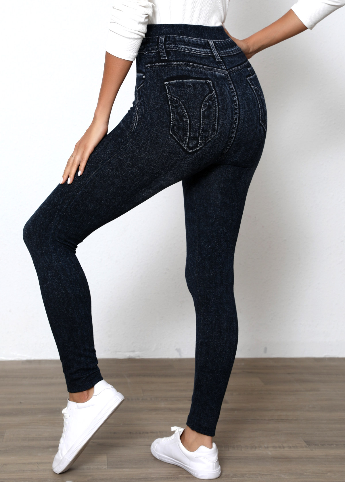 Black bottoms,Denim-Effect Print bottoms,Denim-effect Print Black High Waisted Elastic Waist Leggings