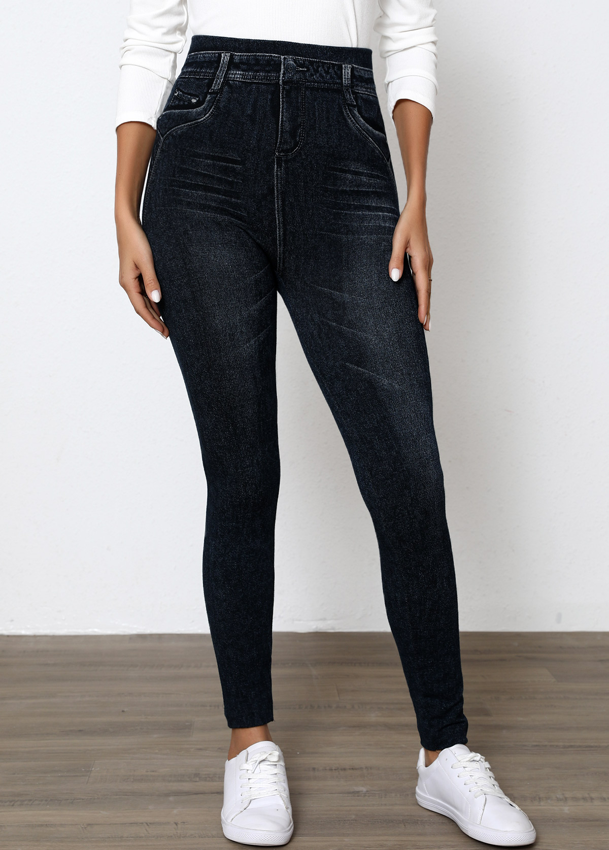 Black bottoms,Denim-Effect Print bottoms,Denim-effect Print Black High Waisted Elastic Waist Leggings