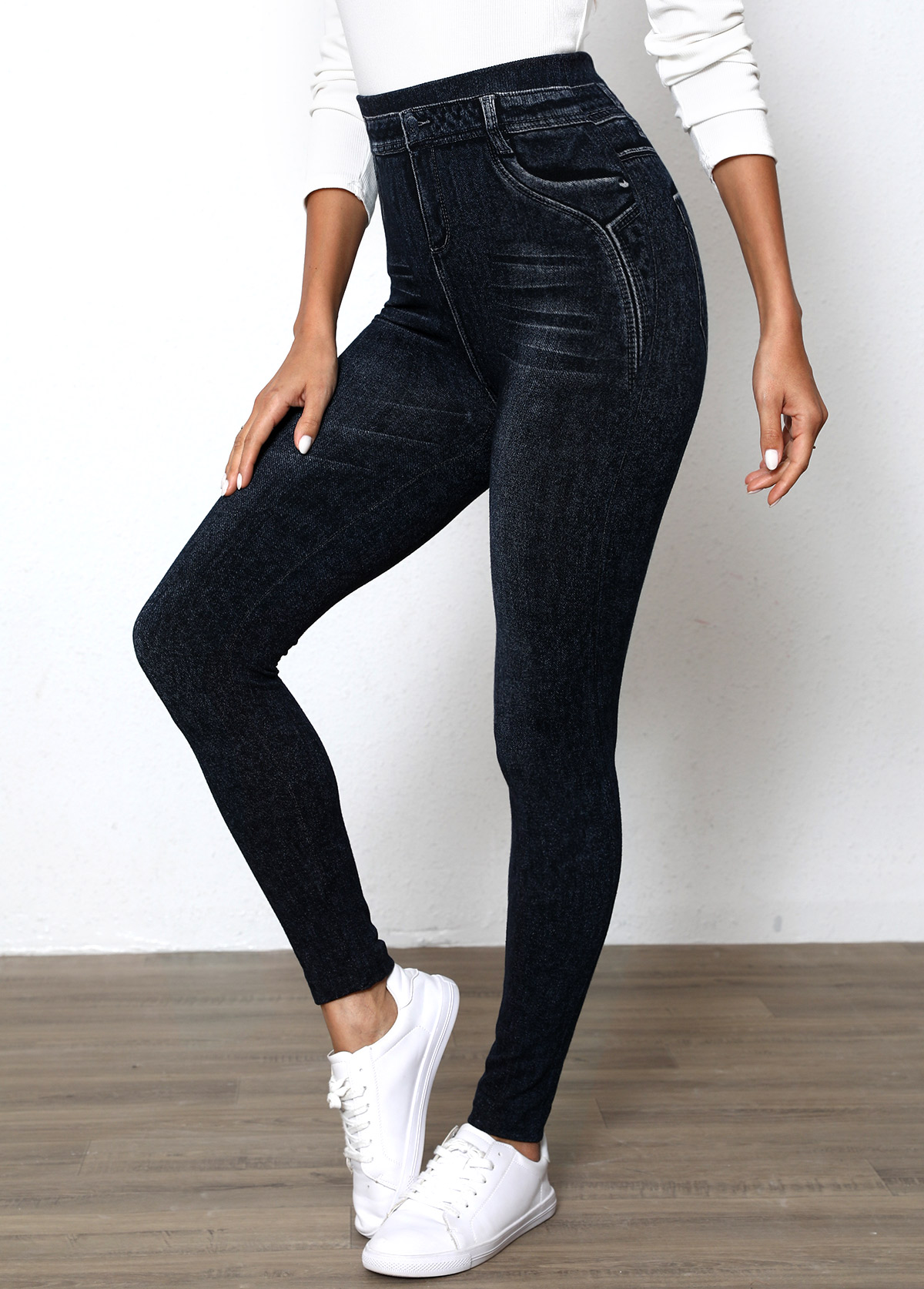 Black bottoms,Denim-Effect Print bottoms,Denim-effect Print Black High Waisted Elastic Waist Leggings