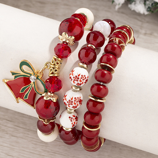 Red jewelry,Geometric jewelry,Christmas Bow Red Glass Beaded Bracelet Set