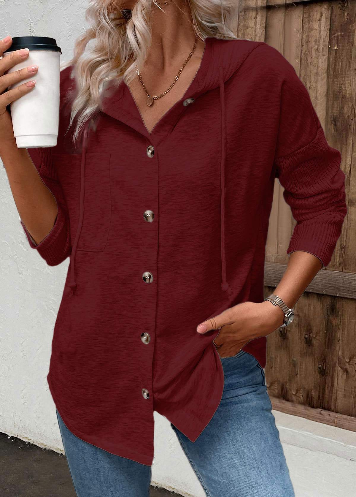 Wine Red tops,Plain Color tops,ROTITA Patchwork Wine Red Long Sleeve Hoodie