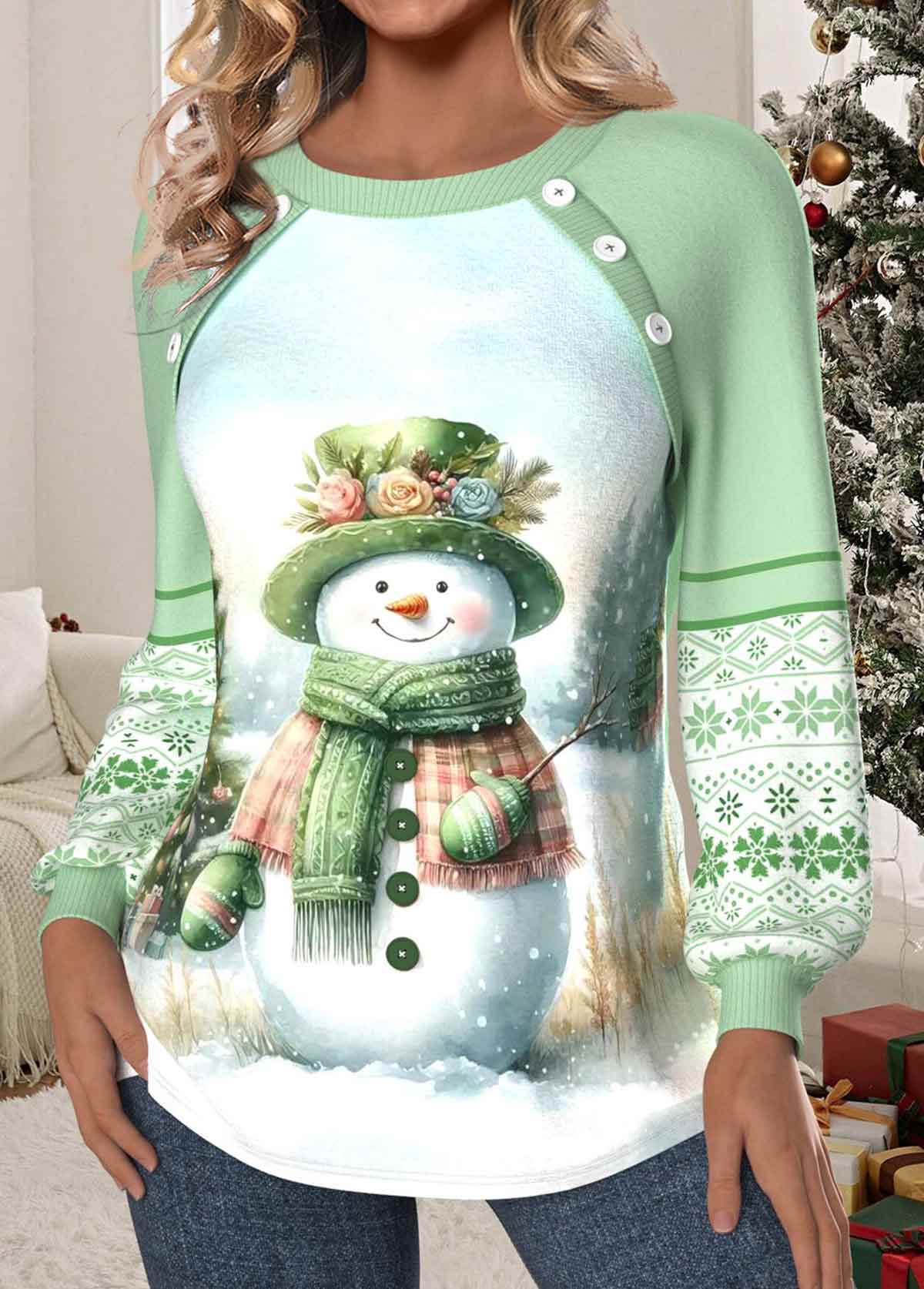 Light Green plus size,Christmas plus size,Geometric plus size,Plaid plus size,ROTITA Christmas Plus Size Patchwork Light Green Round Neck Sweatshirt
