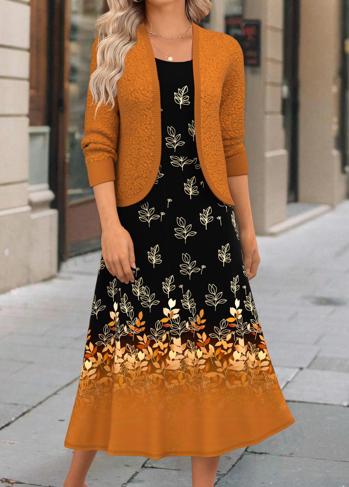 Terracotta dresses,Floral dresses,Plants dresses,Ombre dresses,Everyday dresses,Casual dresses,ROTITA Two Piece Floral Print Terracotta Dress and Cardigan