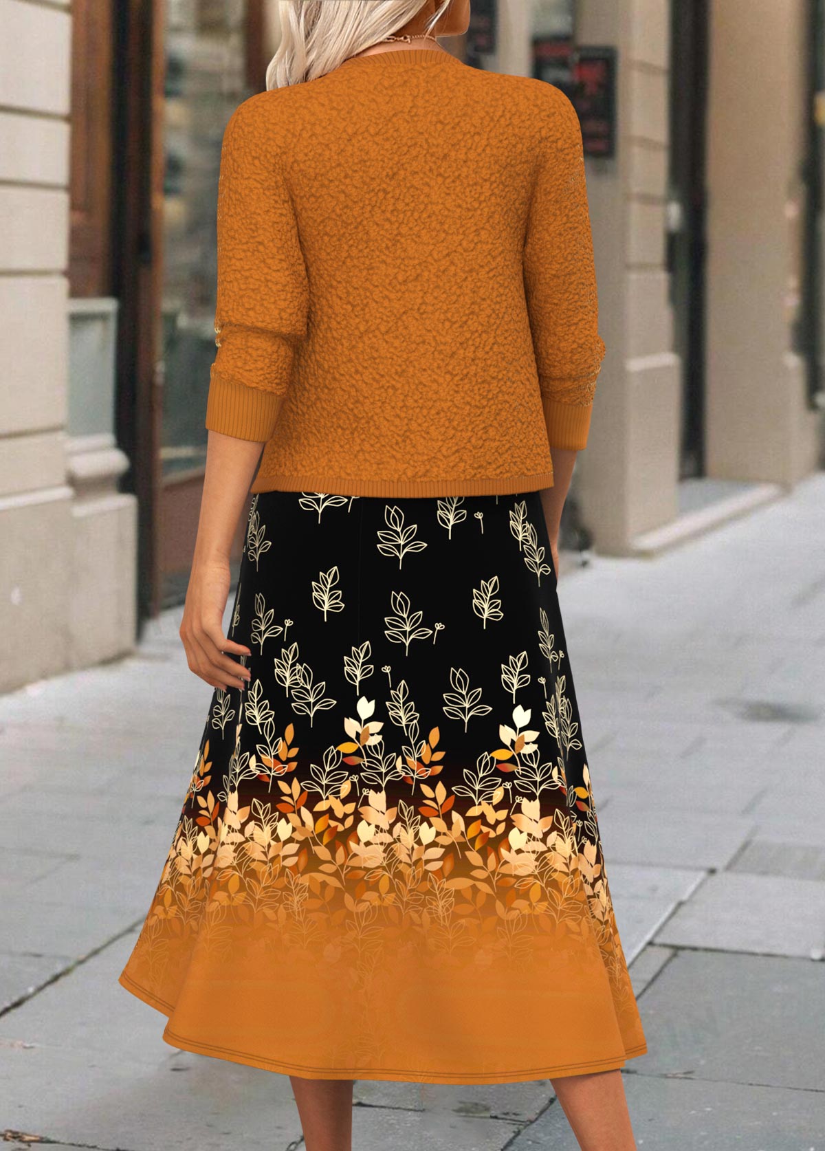 Terracotta dresses,Floral dresses,Plants dresses,Ombre dresses,Everyday dresses,Casual dresses,ROTITA Two Piece Floral Print Terracotta Dress and Cardigan