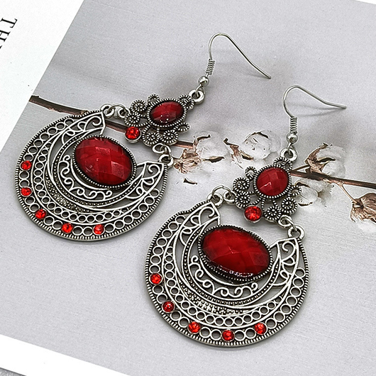 Wine Red jewelry,Copper Hollow Artificial Rhinestone Wine Red Earrings