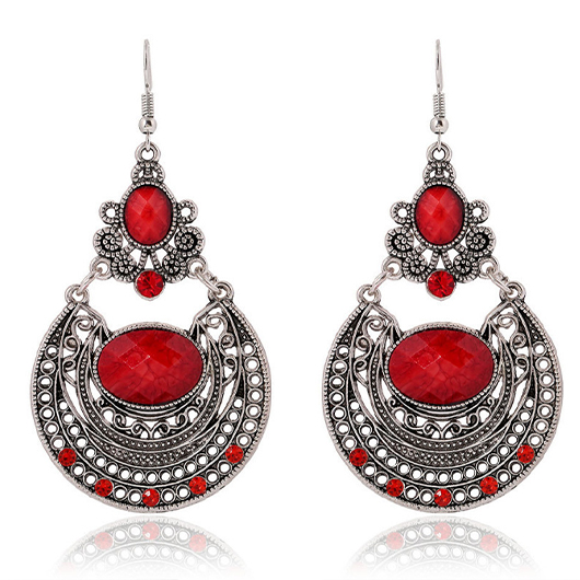 Wine Red jewelry,Copper Hollow Artificial Rhinestone Wine Red Earrings