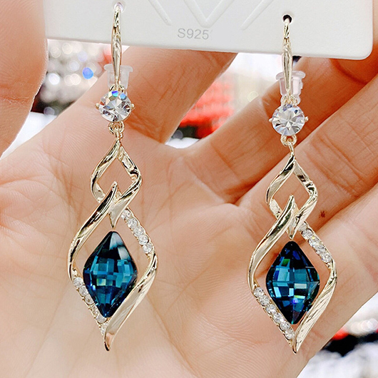 Peacock Blue jewelry,Geometric Rhinestone Peacock Blue Alloy Earrings