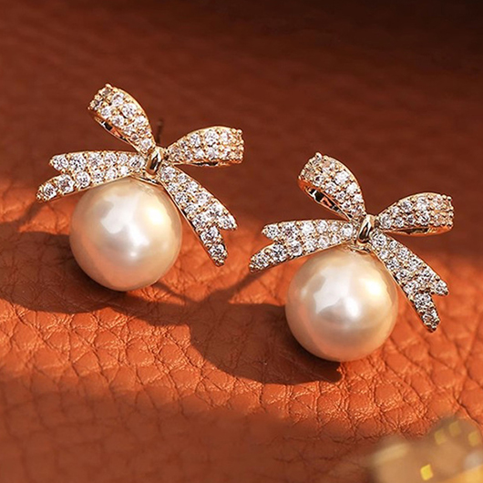 Golden jewelry,Bow Pearl Golden Alloy Detail Earrings