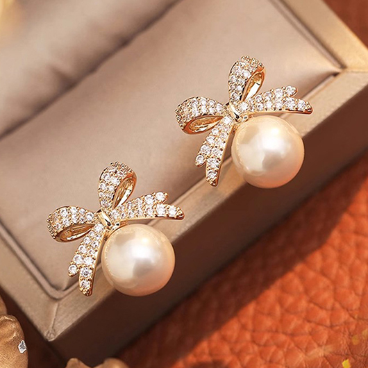 Golden jewelry,Bow Pearl Golden Alloy Detail Earrings