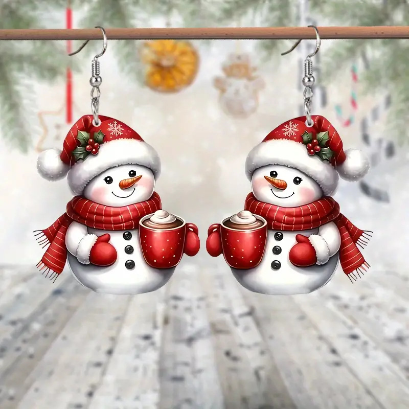 Red jewelry,Other jewelry,Christmas Red Acrylic Snowman Print Earrings