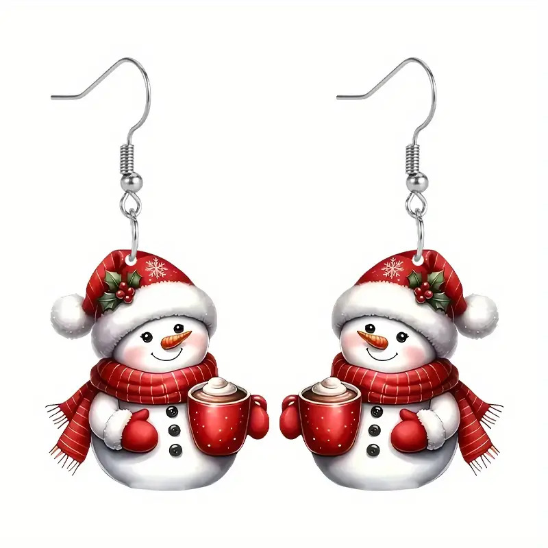 Red jewelry,Other jewelry,Christmas Red Acrylic Snowman Print Earrings