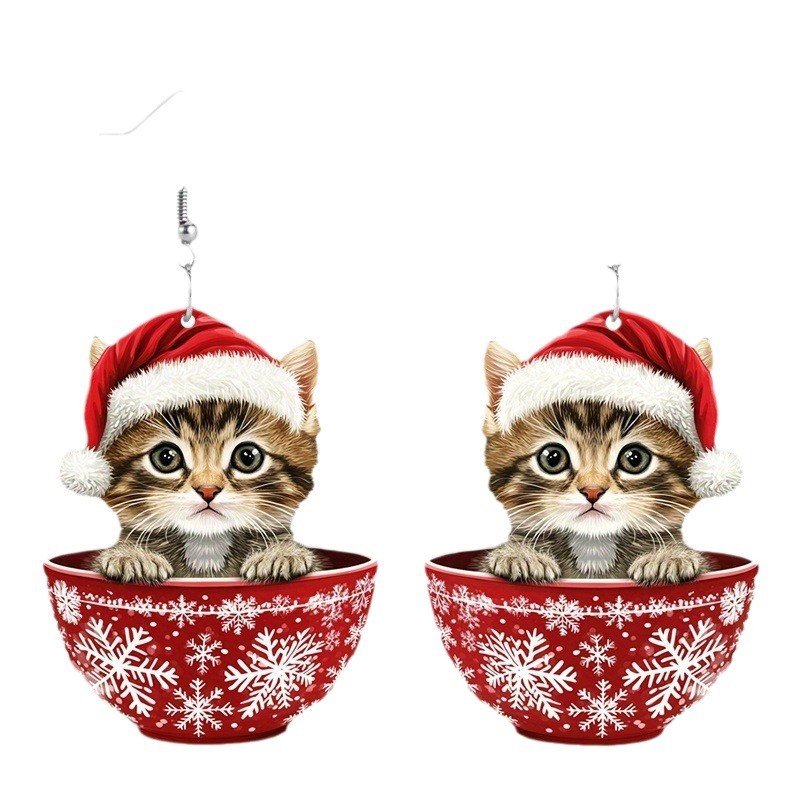 Wine Red jewelry,Christmas Cat Burgundy Double-Sided Acrylic Material Earrings