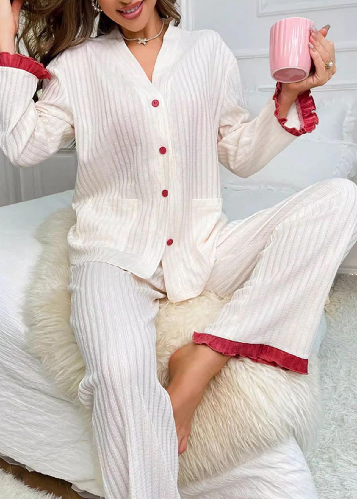 Hot Pink loungewear,Contrast Color loungewear,Hot Pink V Neck Lounge Top and Pants