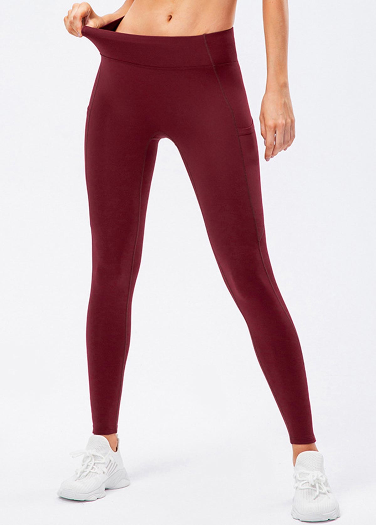 Wine Red bottoms,Plain Color bottoms,Wine Red High Waisted Elastic Waist Ankle Length Leggings