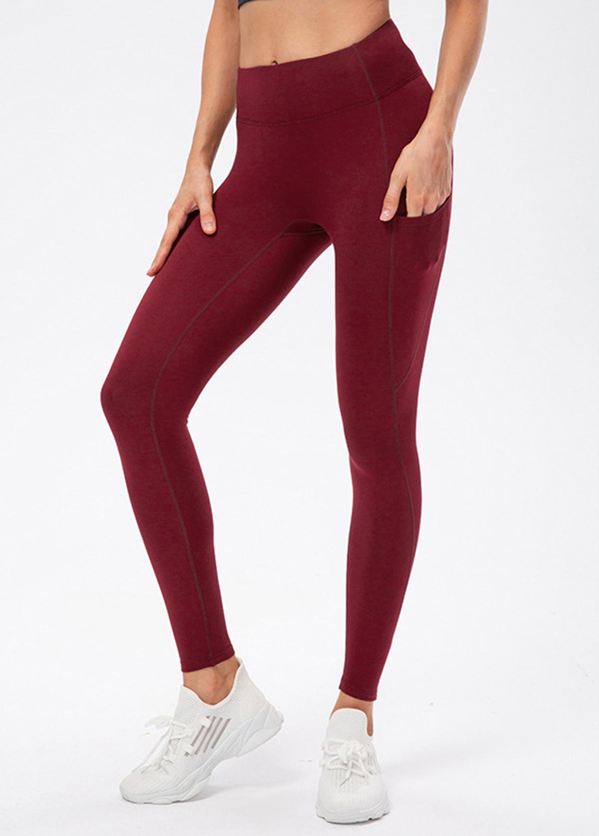 Wine Red bottoms,Plain Color bottoms,Wine Red High Waisted Elastic Waist Ankle Length Leggings