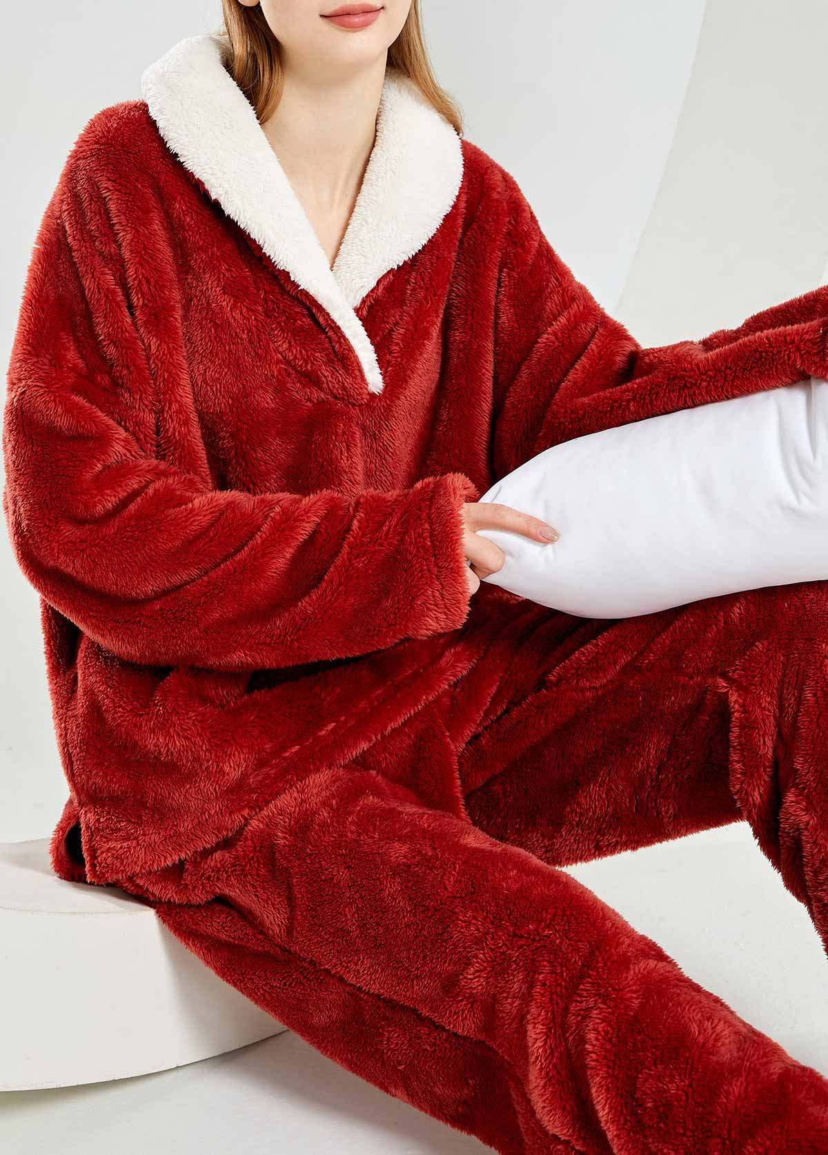 Wine Red loungewear,Contrast Color loungewear,Wine Red Turn Down Collar Top and Pants