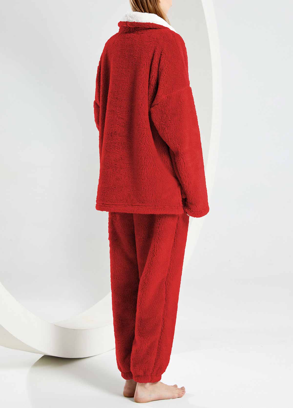 Wine Red loungewear,Contrast Color loungewear,Wine Red Turn Down Collar Top and Pants