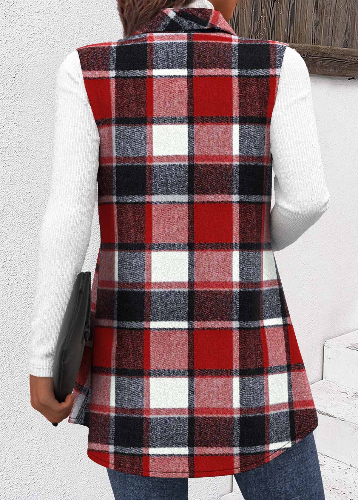 Wine Red tops,Plaid tops,ROTITA Button Plaid Wine Red Shirt Collar Sleeveless Waistcoat