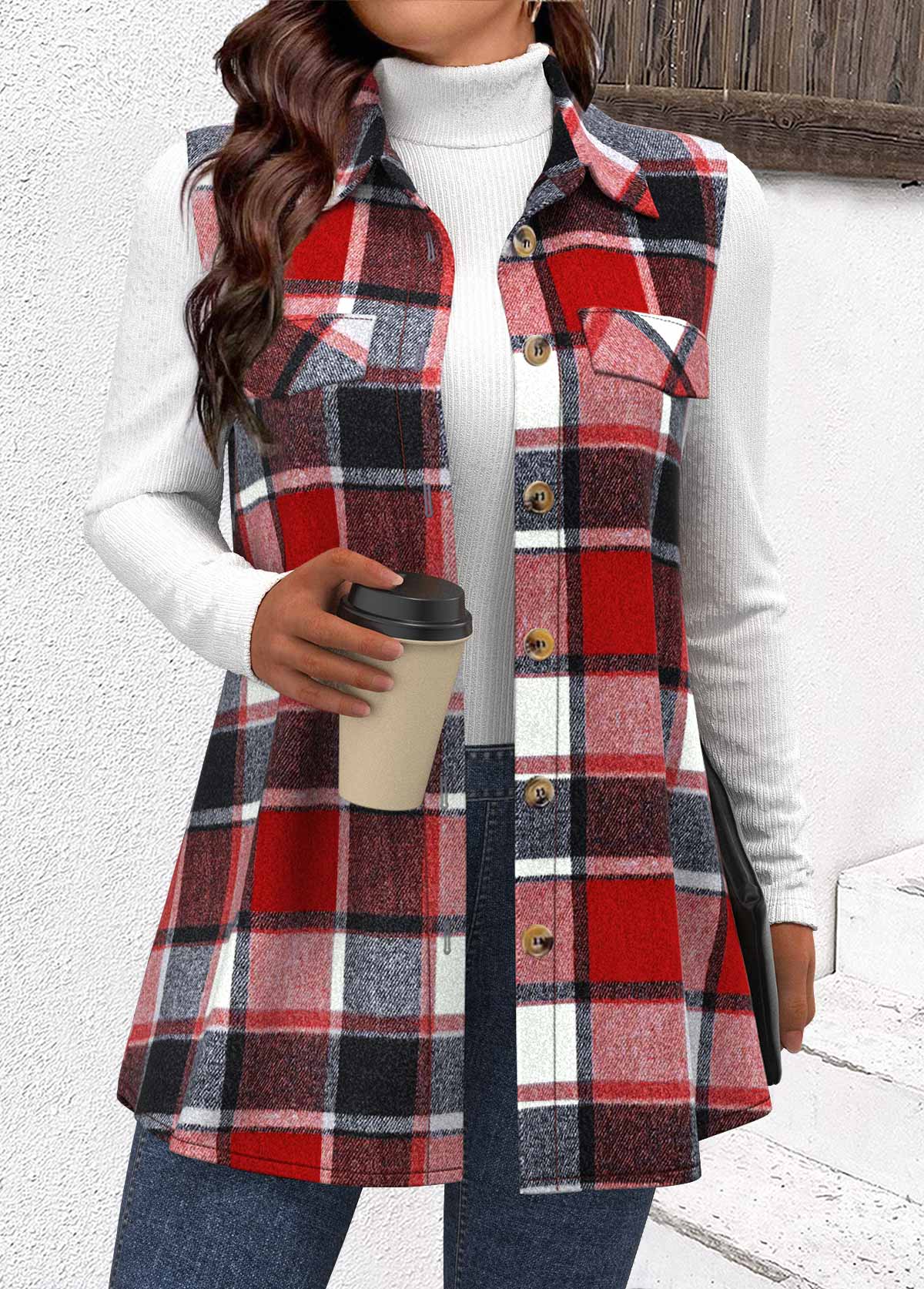 Wine Red tops,Plaid tops,ROTITA Button Plaid Wine Red Shirt Collar Sleeveless Waistcoat