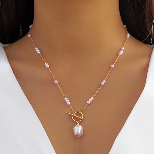 Golden jewelry,Geometric jewelry,Geometric Pearl Design Golden Alloy Necklace