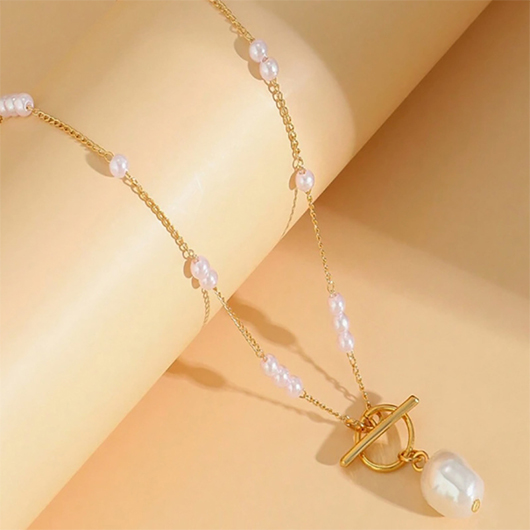 Golden jewelry,Geometric jewelry,Geometric Pearl Design Golden Alloy Necklace