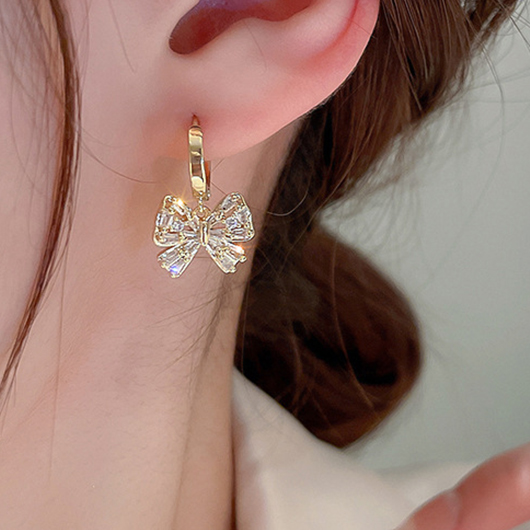 Golden jewelry,Bow Golden Rhinestone Copper Detail Earrings