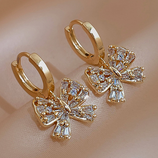 Golden jewelry,Bow Golden Rhinestone Copper Detail Earrings