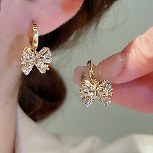 Golden jewelry,Bow Golden Rhinestone Copper Detail Earrings