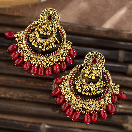 Red jewelry,Red Alloy Detail Hollow Artificial Rhinestone Earrings