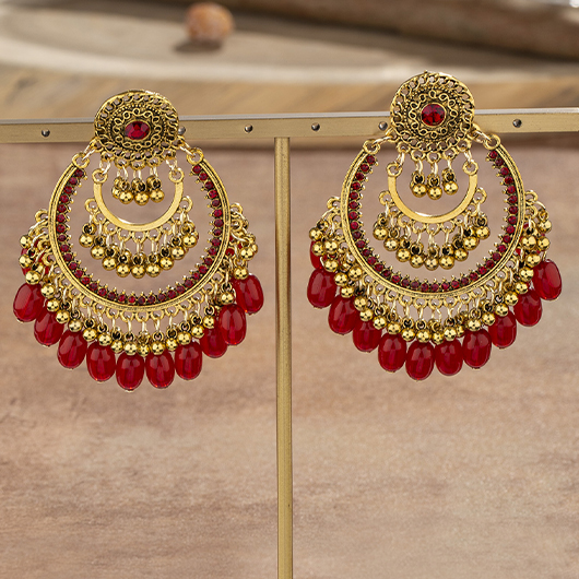Red jewelry,Red Alloy Detail Hollow Artificial Rhinestone Earrings