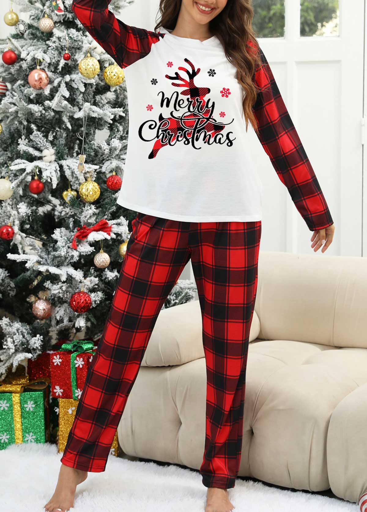 Red loungewear,Christmas loungewear,Red Christmas Round Neck Lounge Top and Pants
