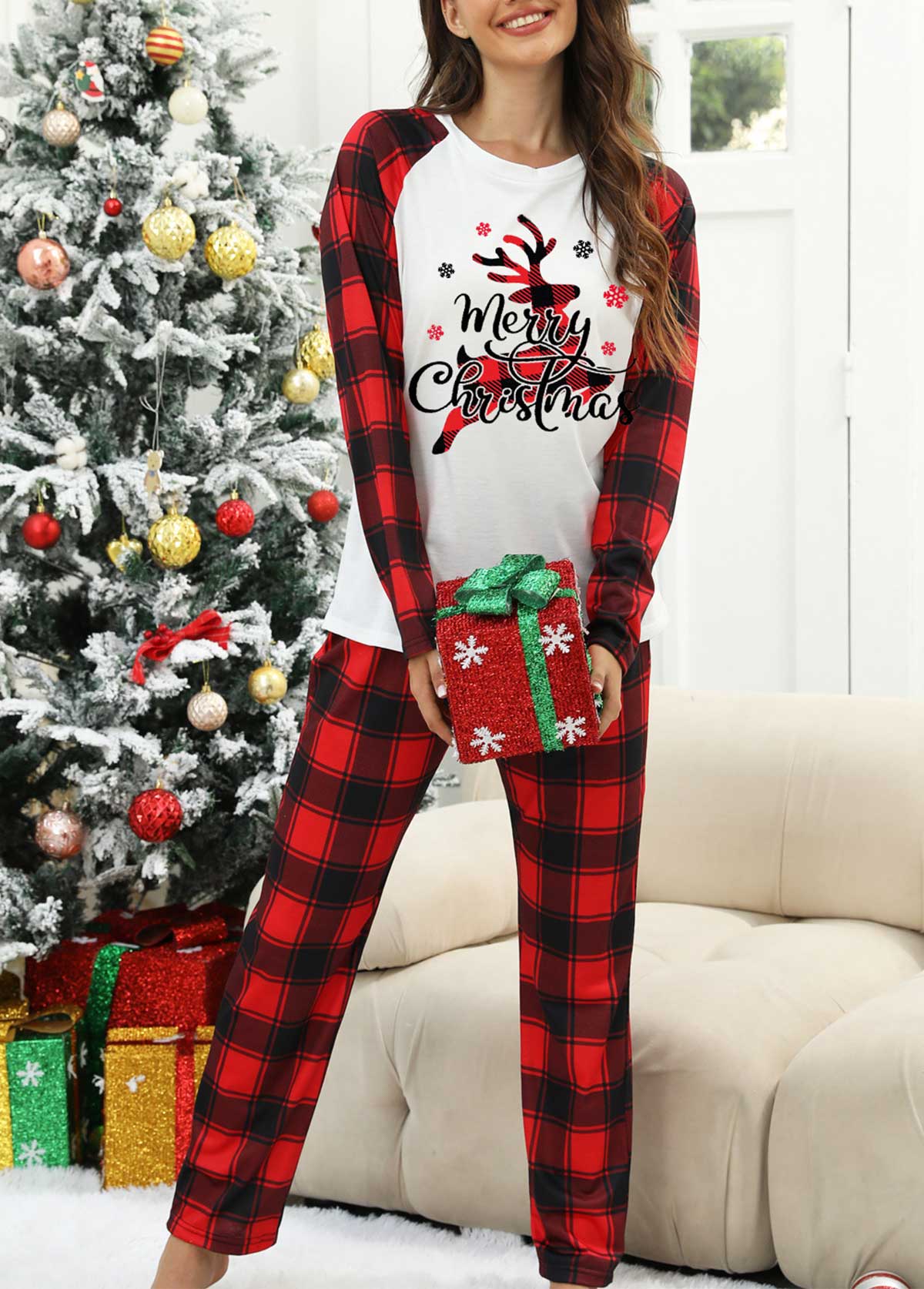 Red loungewear,Christmas loungewear,Red Christmas Round Neck Lounge Top and Pants
