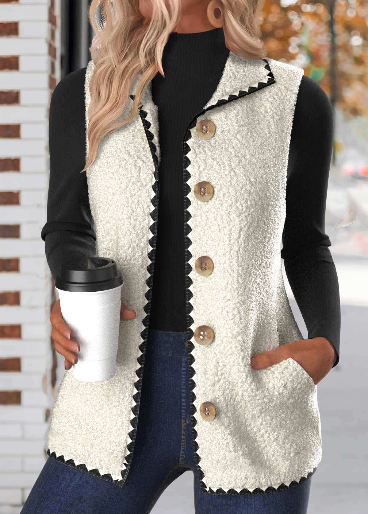 White tops,Plain Color tops,ROTITA Button White Stand Collar Sleeveless Waistcoat